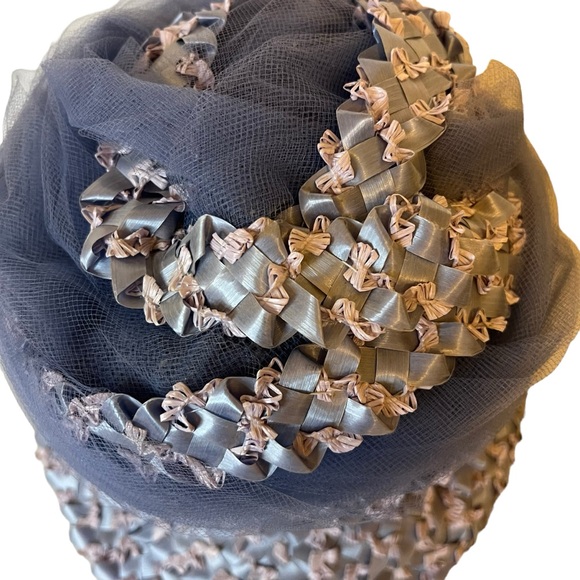 Union Made Vintage Women’s Blue Bucket Hat Rafia and Ribbon Mesh Netting - Picture 3 of 14